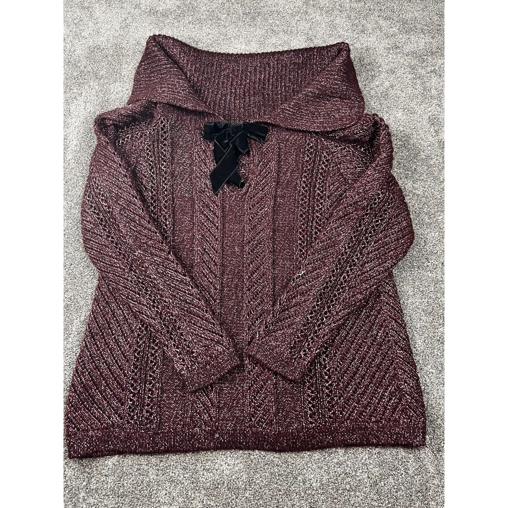 White House Black Market Sweater Women XL Shawl Collar Metallic Bow Cable Maroon